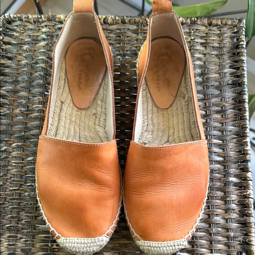 Tan Leather Espadrille Slip-On Flats  Jute Sole Made in Spain Women’s size‎ 6.5